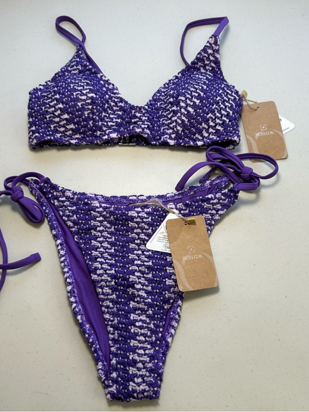 Berlook Purple White Crochet Striped Bralette Bikini Set Size S
